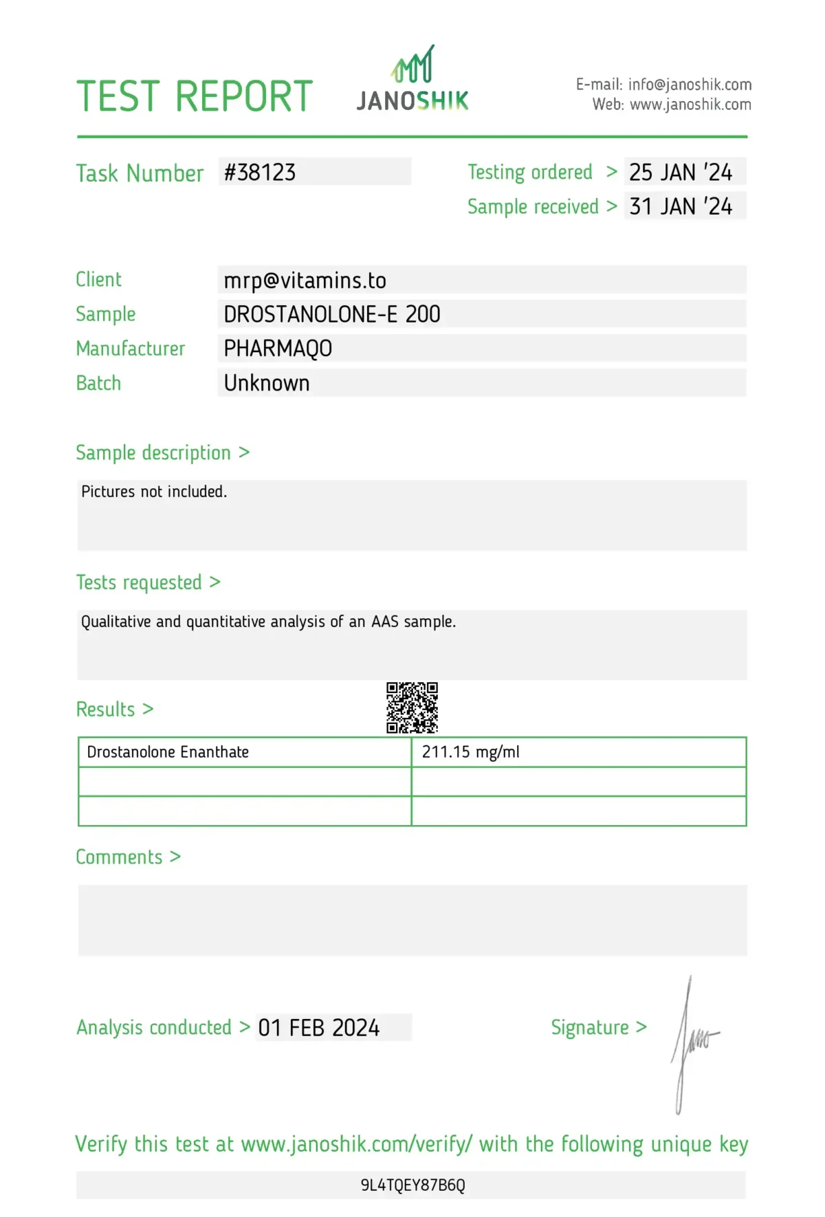 Pharmaqo Labs - Drostanolone Enanthate Laboratory Test Results