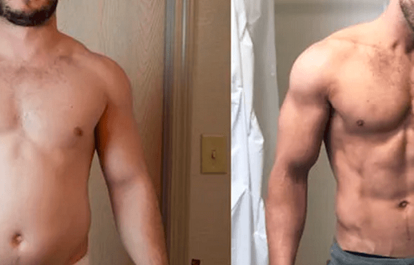 A Man Without A Shirt Capturing A Selfie, Highlighting His Body Transformation Following Boldenone Before And After Results