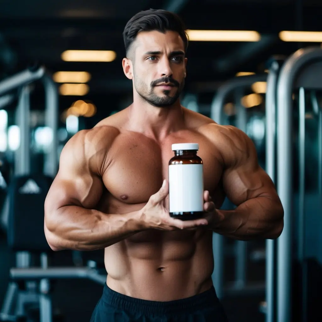 Muscular Man In A Gym Holding A Bottle Of Anastrozole Pills