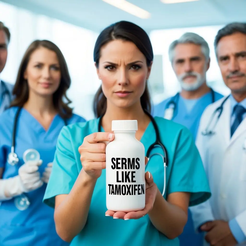 Doctor Holding Bottle Of Serms Like Tamoxifen