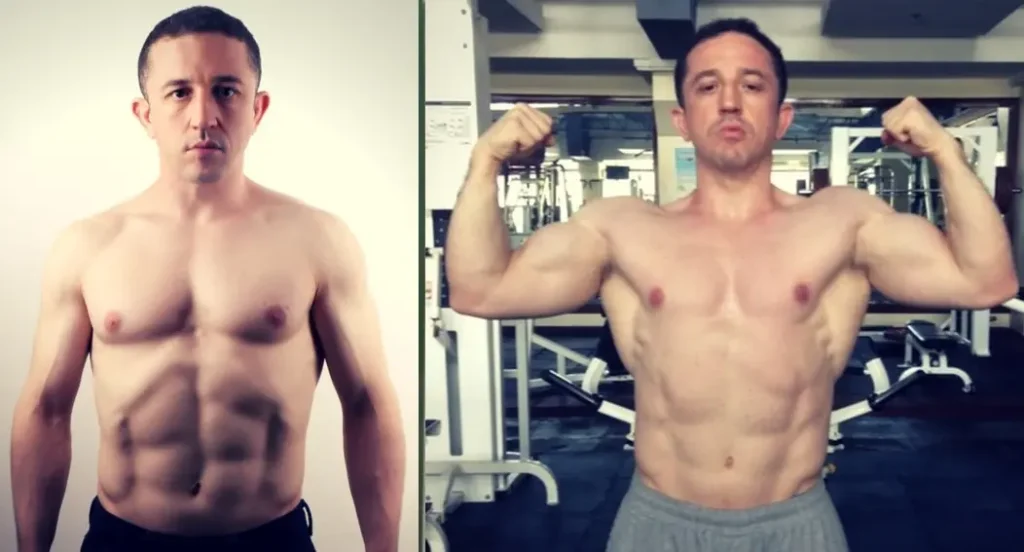 Before And After Comparison Of A Man Showcasing Muscle Growth And Strength Gain, Illustrating The Effects Of Ostarine Versus Rad. The Left Image Shows The Individual With A Lean Physique, While The Right Image Displays Increased Muscle Mass And Definition In The Arms And Chest.