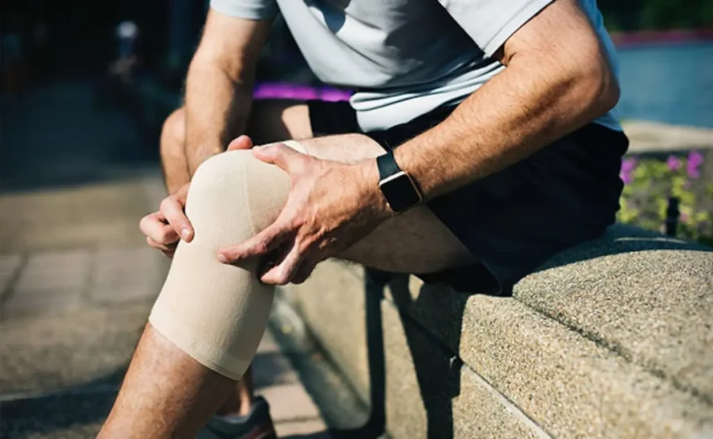 Person Sitting On A Stone Surface, Wearing A Light Gray Shirt And Black Shorts, Applying Pressure To A Bandaged Knee, Suggesting Injury Recovery Enhanced By Ostarine.