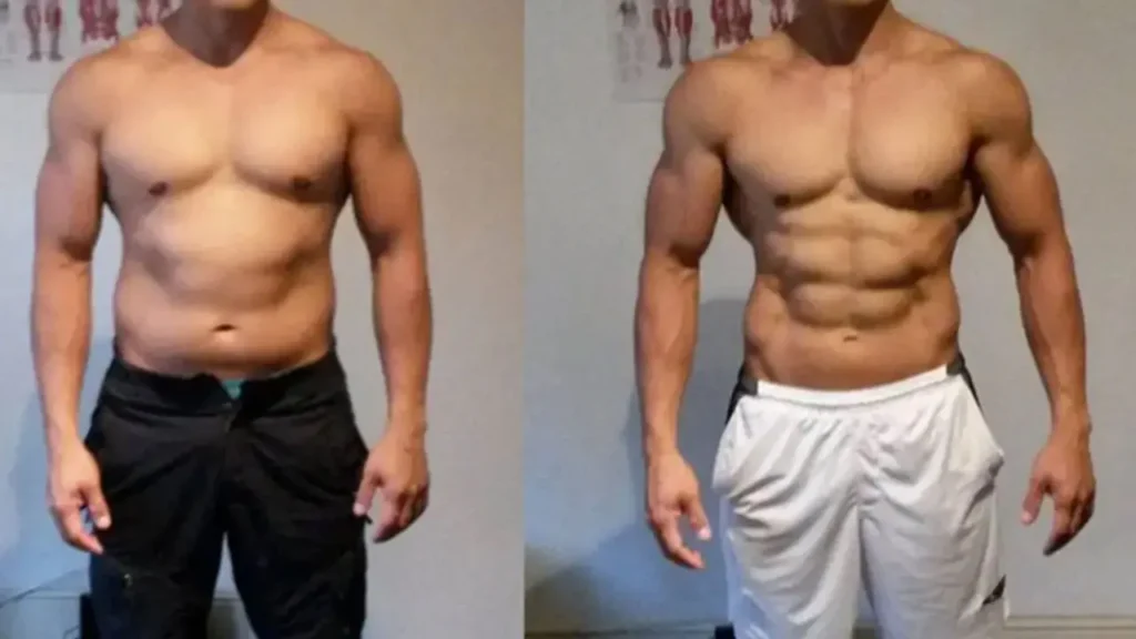 Comparison Image Of A Male Physique Showing Two Different Stages Of Body Composition: On The Left, The Individual Has A Slimmer Appearance With Less Muscle Definition, While On The Right, The Individual Displays A More Muscular And Defined Physique, Highlighting The Effects Of Bulking With Substances Like Ostarine And Rad 140.