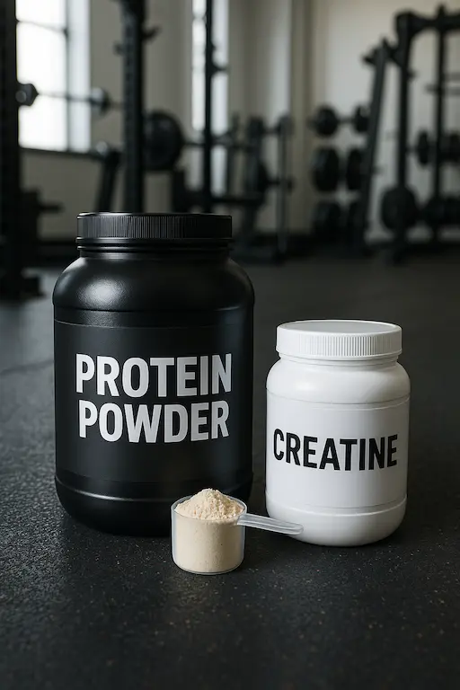 Protein Powder And Creatine Used In Gym. Hidden Brand